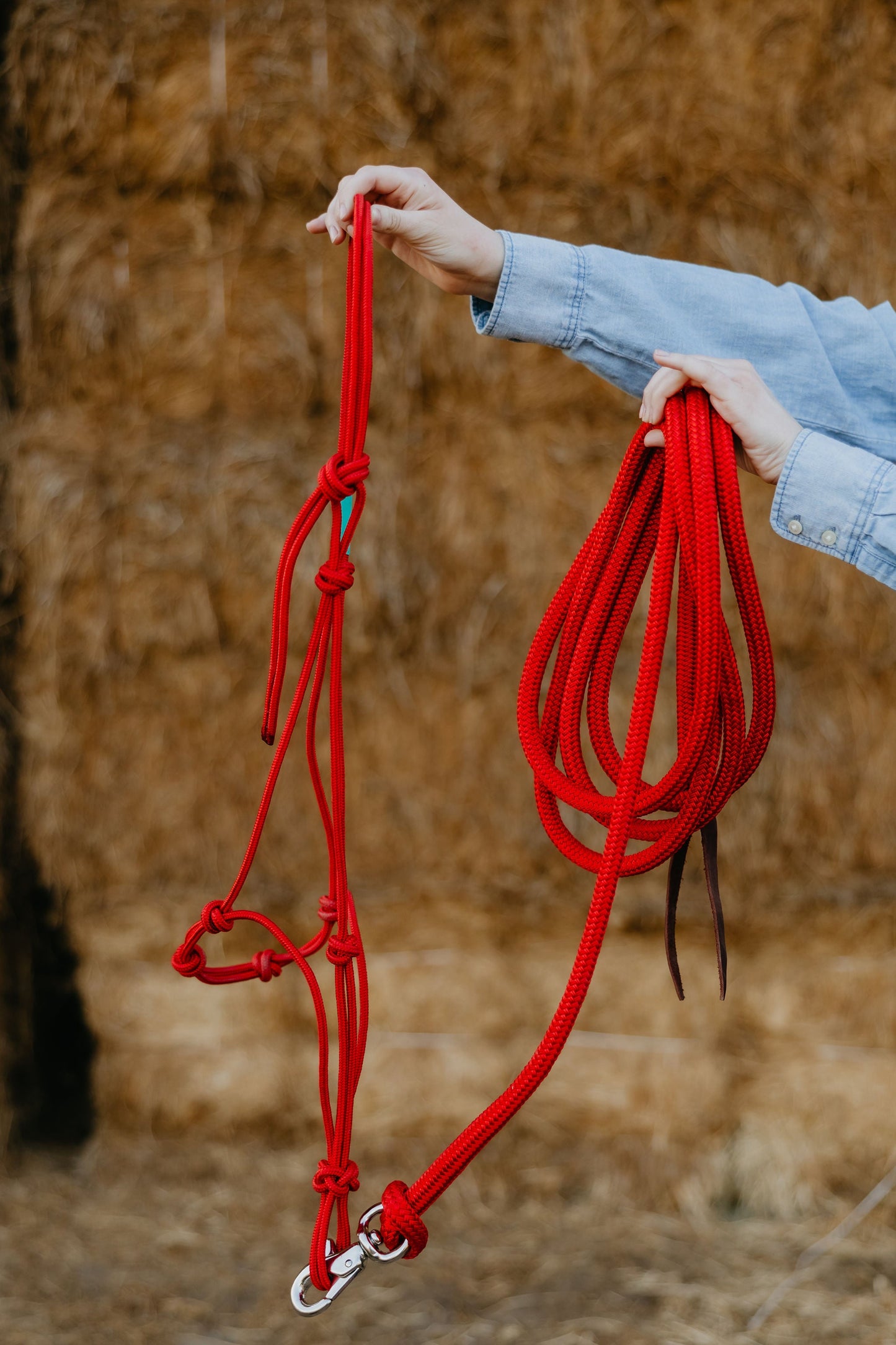 Weighted lead rope coiled in hand.